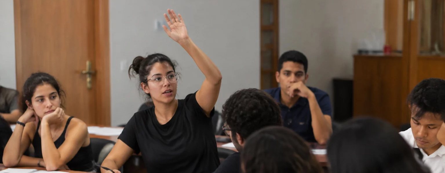 Três participantes conversando na ponta de uma mesa comprida