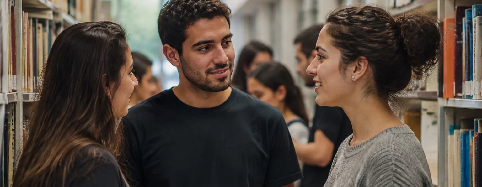 Três participantes conversando na ponta de uma mesa comprida