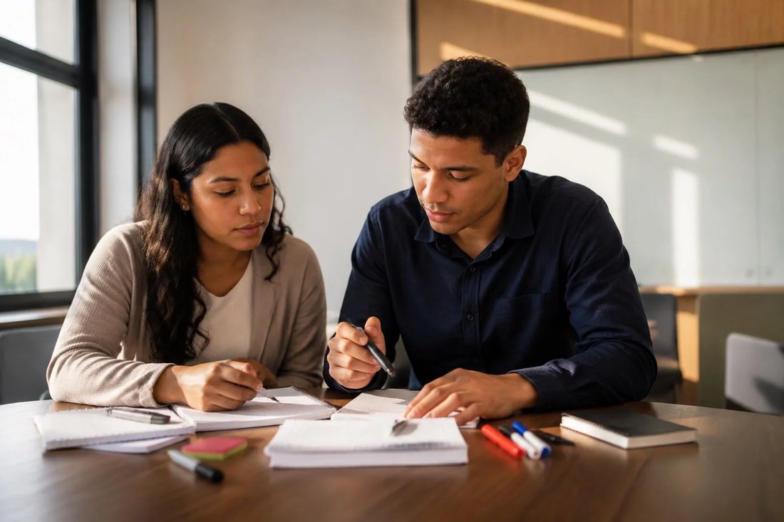 Estudantes de mochila conversando no corredor de um prédio universitário