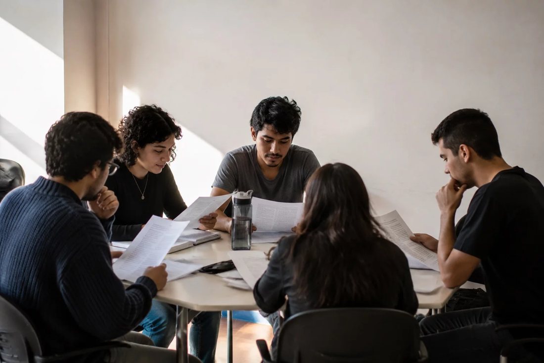 Profissionais reunidos numa sala clara enquanto uma pessoa explica um ponto