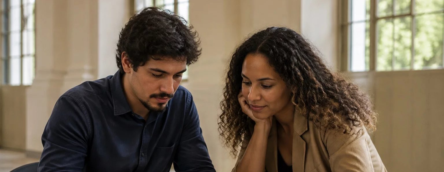 Três participantes conversando na ponta de uma mesa comprida