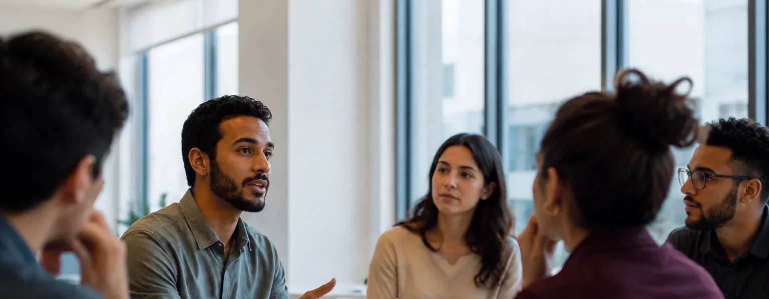 Três participantes conversando na ponta de uma mesa comprida